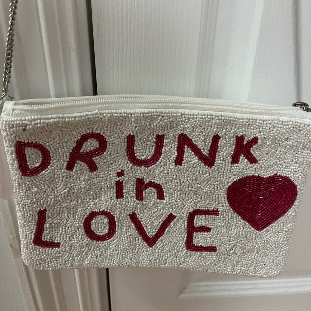 Beautiful beaded purse with drunk in love logo with heart